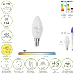 Bombilla Led Filamento Vela Esmerilada E14. 4,5 Watt. Equivale A 35 Watt. 470 Lumenes. Luz Calida 2700º K.