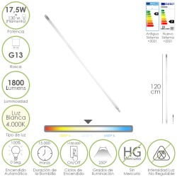 Tubo Led T8 120 cm.17,5 Watt. Equivale A 130 Watt. 1800 Lumenes. Luz Neutra 4000º K.