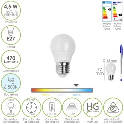 Bombilla Led Esferica Rosca E27 4.5 Watt. Equivale A 55 Watt. 470 Lumenes. Luz Fria (6500º K)